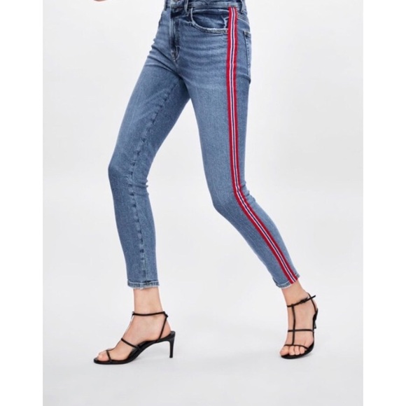 NWOT Zara High Waist Jeans with red,blue and metallic - Picture 1 of 9